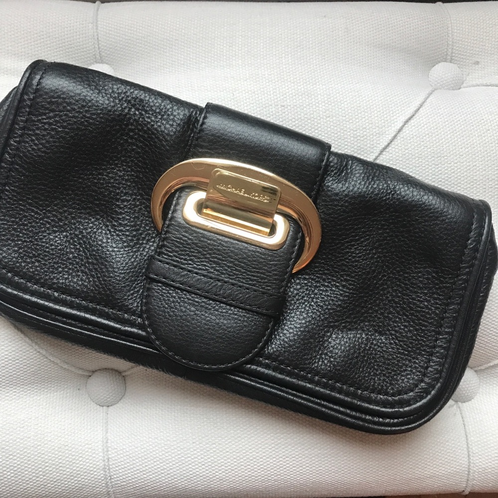Michael Kors Black Leather Clutch Gold Buckle - Picture 1 of 6